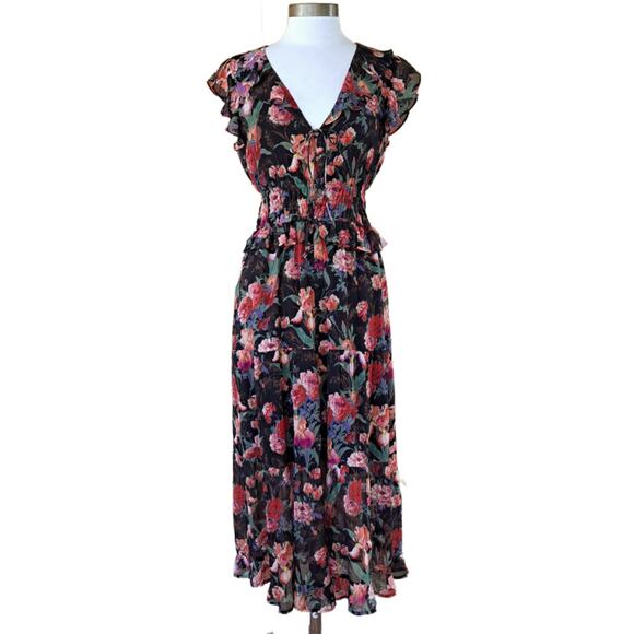 PAIGE Paradis Black Multi Floral Silk Ruffle Midi Maxi Dress SizeSmall $429 - Picture 2 of 16